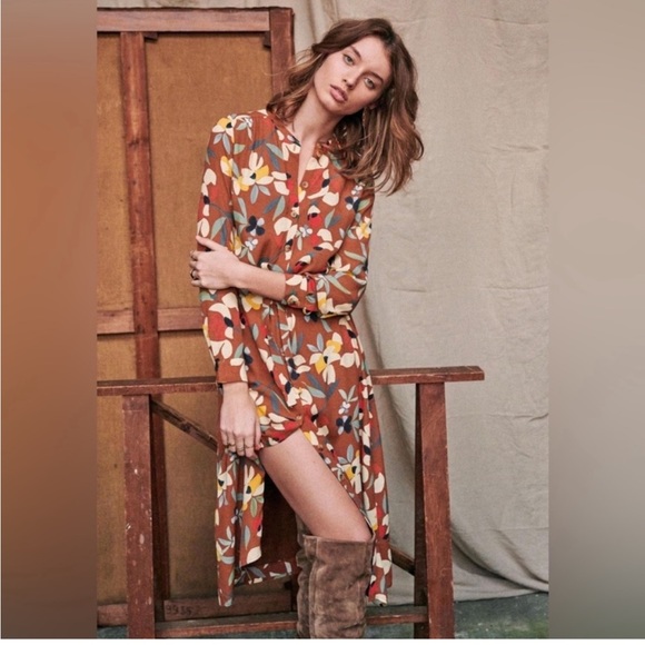 Sezane Dresses & Skirts - Sezane Vic Midi Shirt Dress Brown Floral Vahine Tie Waist Long Sleeve Sz 34 US 2